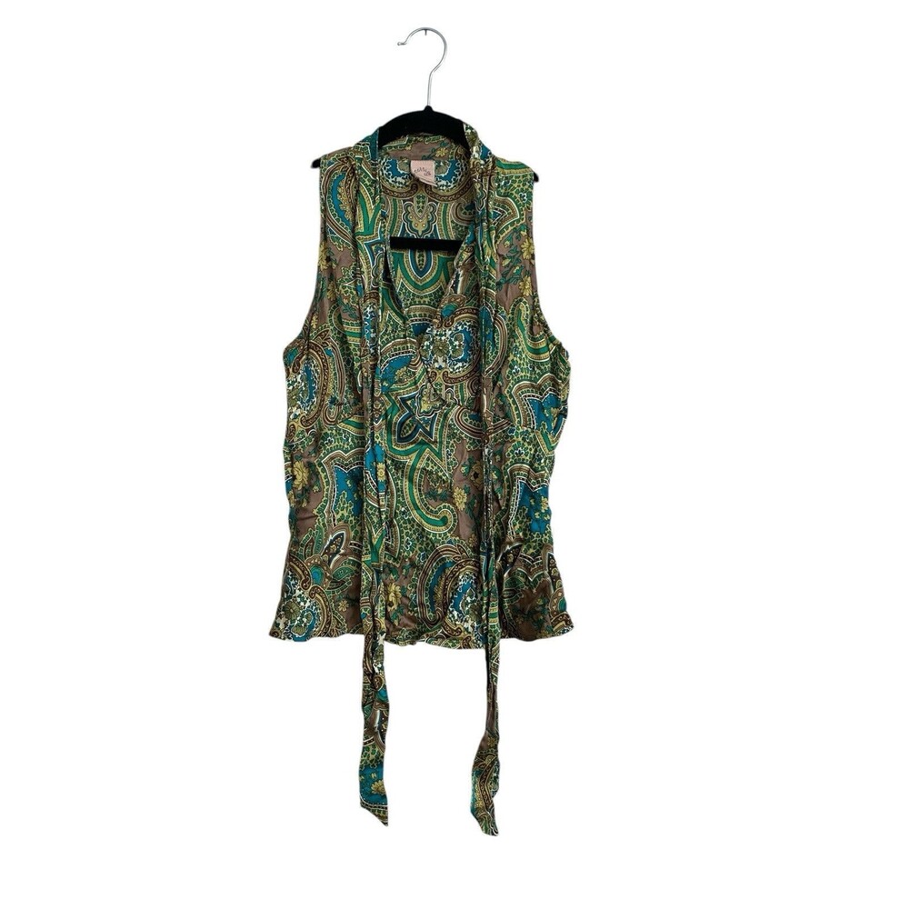 Corsage Silk Sleeveless Blouse With Neck Tie Size XS Green Blue